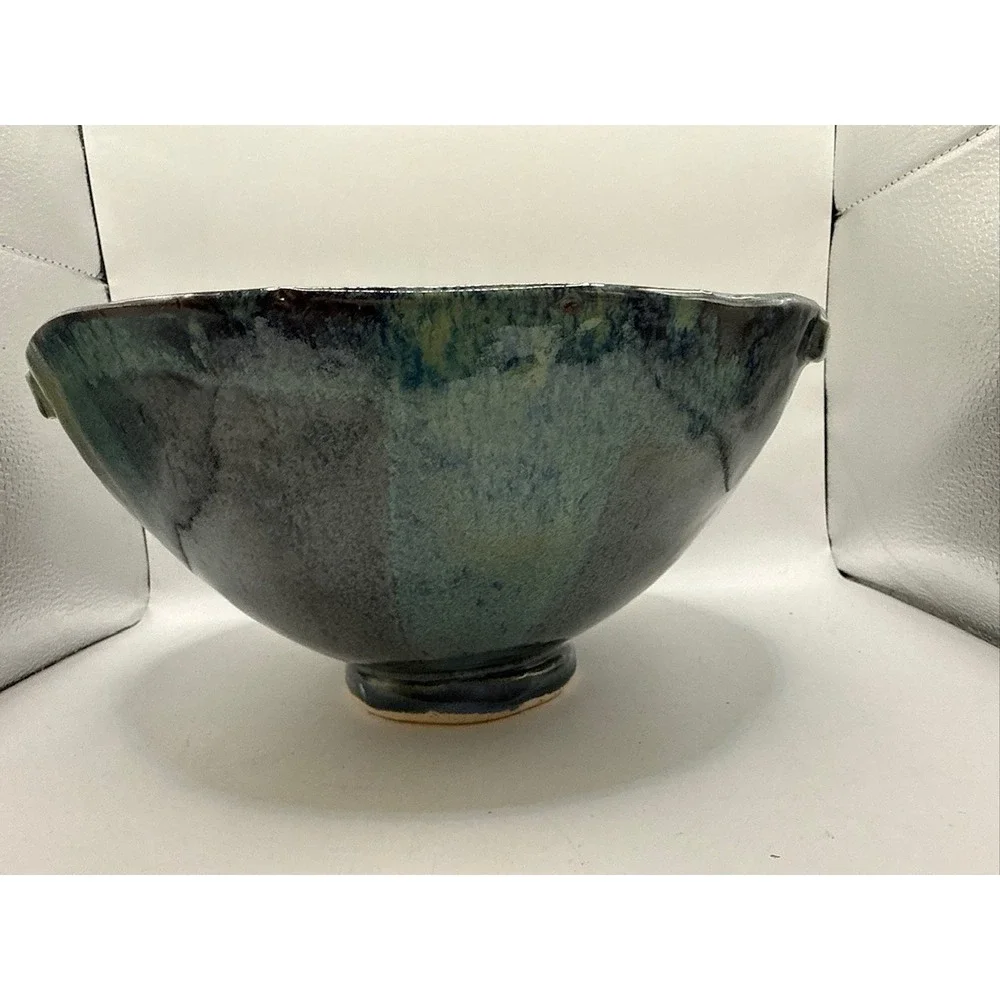 Hand Made Pottery Bowl, JS Signed Blue Green Color Textured Abstract 10